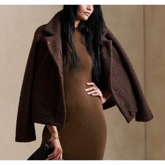 NWT Banana Republic Boucle Sherpa Moto Jacket Womens XXSP Brown Fall Minimalist - Picture 1 of 7
